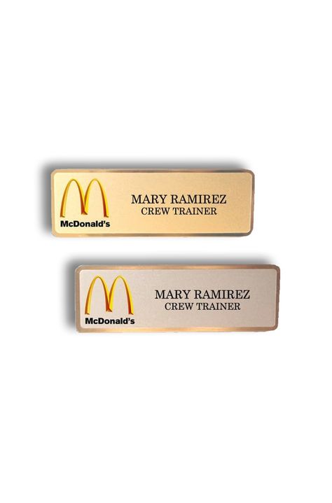 McDonalds Name Badges Creative Name Tags, Name Tag Design Ideas, Badge Design Ideas, Name Badge Design, Pin Badge Design, Nametag Design, Name Tag Ideas, Name Tag Design, Startup Branding