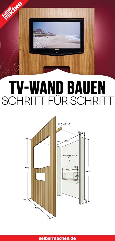 Diese TV-Wand ist ein Schmuckstück im Wohnzimmer und ein edler Rahmen für einen gemütlichen Fernsehabend. Hier geht's zur Bauanleitung! #TVwand #Bingewatching #fernsehabend #wohnzimmereinrichten #stauraum Tv Wand Diy, Tv Wand Modern, Tv Wand Design, Tv Wanddekor, Tv Wand, Diy Wand, Diy Tv, Building Instructions, Living Room Tv Wall