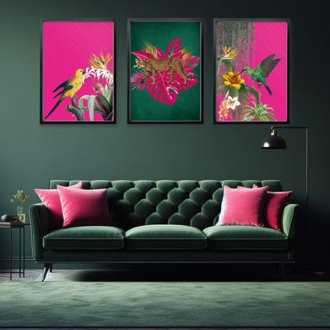 Immerse yourself in the vibrant allure of the jungle with this stunning Tropical Maximalist Print Set of 3. Each piece vibrantly comes to life with a symphony of hot pink, emerald green and other vivid hues, capturing the wild spirit of the jungle in a bold, maximalist style. The set includes a sumptuous emerald green leopard print, a captivating yellow exotic bird print, and a vibrant hummingbird print, all designed to transform any space into a tropical oasis with a unique twist.  These prints are more than just illustrations - they are carefully crafted pieces of art, each created with passion and an eye for detail. They are printed using the best quality inks on premium paper to ensure the colours truly pop and the prints stand the test of time. Each order is shipped globally, making t Rainforest Painting, Painting Jungle, Jungle Poster, Printable Leaves, Leopard Wall Art, Rosa Shocking, Leopard Wall, Butterfly Meadow, Jungle Wall Art