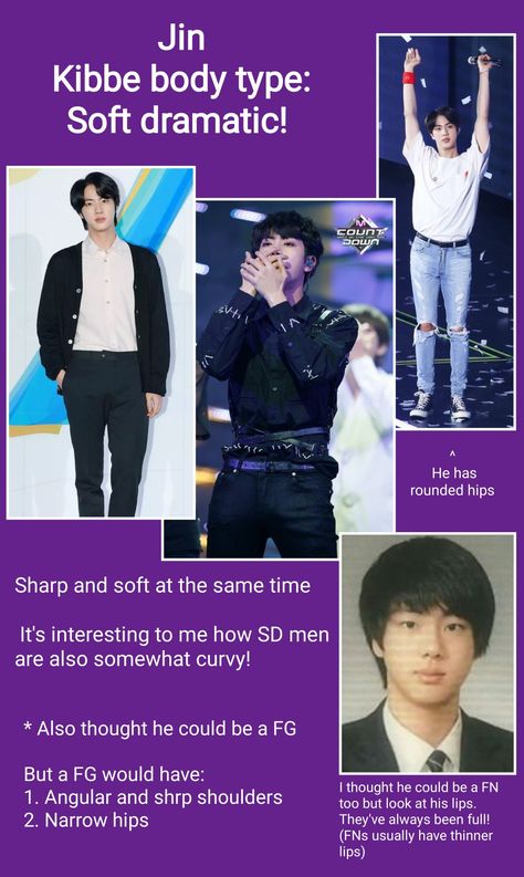 #BTS #Kibbe #kpop #Jin #Soft_dramatic Kibbe Body Types Men, Mens Body Types, Kpop Body, Face Types, Narrow Hips, Soft Dramatic, Color Season, Body Types, Art Inspo