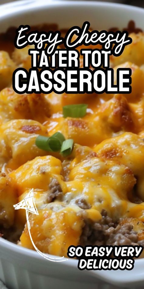 Easy Cheesy Tater Tot Casserole—a hearty and indulgent dish that's perfect for satisfying cravings on cozy evenings or feeding a hungry crowd. This crowd-pleasing casserole combines crispy tater tots, savory ground beef, creamy cheese, and flavorful seasonings, resulting in a dish that's sure to become Easy Tator Tot Casserole, Hamburger Tater Tot Casserole, Beef Tater Tot Casserole, Best Tater Tot Casserole, Cheesy Tater Tot Casserole, Easy Tater Tot Casserole, Cheesy Tater Tots, Easy Casserole Dishes, Tater Tot Casserole Recipes