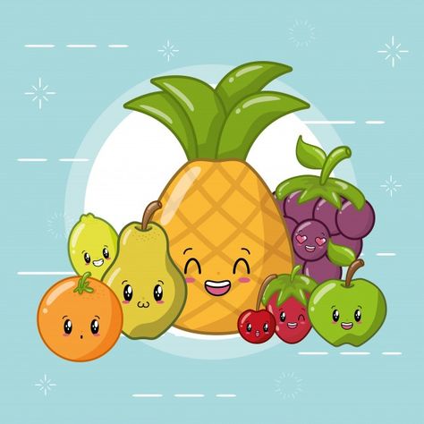 Happy kawaii frutas emojis vector gratui... | Free Vector #Freepik #freevector #comida #naturaleza #caracter #dibujos-animados Kawaii Food Drawings, Food Drawing Ideas, Hot Air Balloon Cartoon, Donut Drawing, Happy Fruit, Cupcake Drawing, Kawaii Fruit, Food Coloring Pages, Food Drawings