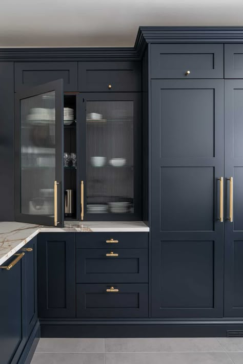 Kitchen Texture: 6 Ways To Use Texture In Your Kitchen | John Lewis of Hungerford Dark Cabinet Kitchen, Cabinet Kitchen Ideas, Dark Blue Kitchens, Navy Blue Kitchen, Navy Kitchen, Kitchen Storage Space, Best Kitchen Cabinets, Fluted Glass, Cabinet Kitchen