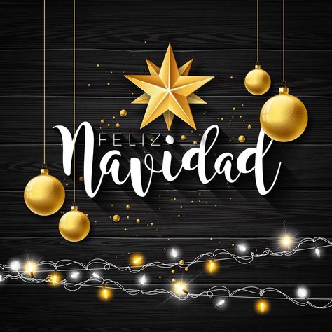 Ilustración navideña con la tipografía española Feliz Navidad y la estrella de papel dorada, bola de cristal sobre fondo negro de madera vintage. Vector Holiday Design Paper Stars, Wood Background, Christmas Illustration, Christmas Advent, Holiday Design, Glass Ball, Vintage Wood, Christmas And New Year, Christmas Decor Diy