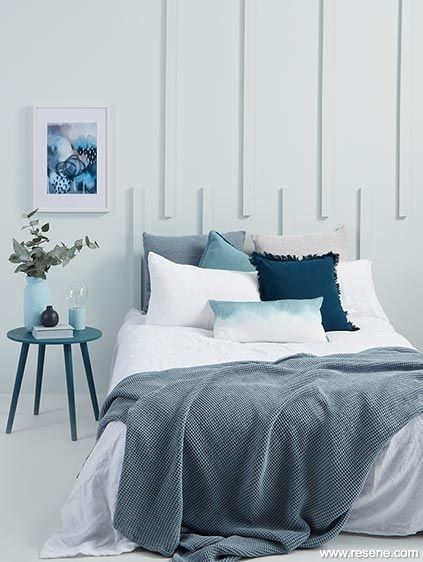 A bright and breezy pale blue bedroom Shades Of Blue Bedroom, Breezy Bedroom, Ocean Inspired Bedroom, Pale Blue Bedrooms, Twins Bedroom, Bedroom 2022, Cushion Making, Ocean Bedroom, Blue Gray Bedroom