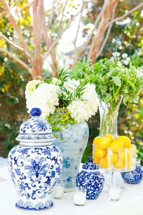 Blue China with White Flowers and Lemons | Dana Cubbage Weddings | Charleston, SC Italian Baby Showers, Mediterranean Party, Italian Bridal Showers, Lemon Themed Party, Lemon Themed Bridal Shower, Italian Theme, Citrus Wedding, Engagement Party Favors, White Bridal Shower