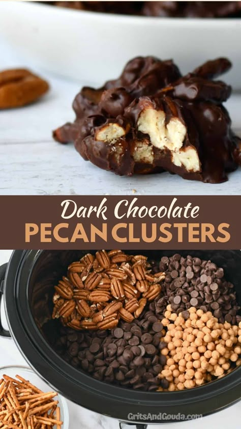 Chocolate Pecan Turtle Clusters Easy, Chocolate Peanut Turtle Clusters, Dark Chocolate Nut Clusters, Chocolate Pecan Candy Recipes, Chocolate Pecan Carmel Clusters, Dark Chocolate Clusters, Chocolate Caramel And Pecan Turtle Clusters, Chocolate Pecan Clusters Easy, Chocolate Nut Clusters Crockpot