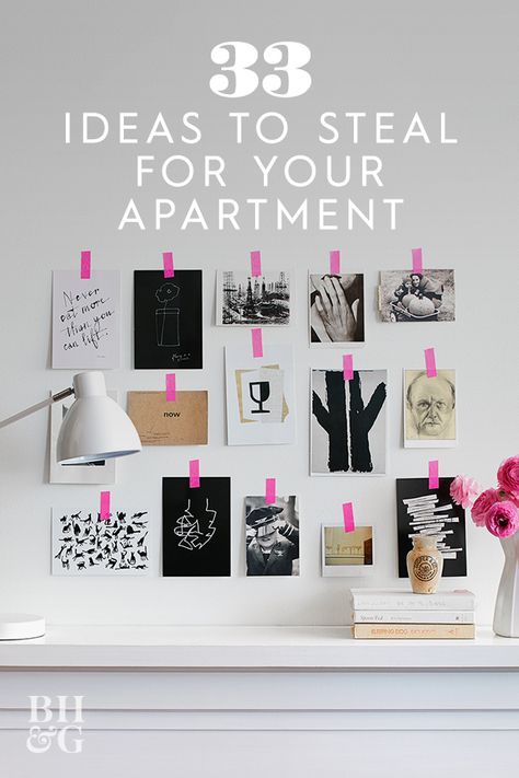 Small apartment decorating ideas on a budget require a little creativity and ingenuity, especially if you want your deposit back. Proving that temporary can be clever, this art display of black-and-white prints is installed with neon pink washi tape. Mixing almost-all-black prints with lighter fare brings depth to the casual arrangement. #decorating #homedecor #apartment #smallspace #renter #bhg Interior Decorating On A Budget, Temporary Home Decor, Temporary Apartment Decorating, Diy Apartment Wall Decor, White Wall Apartment Decorating, Rented Apartment Decorating On A Budget, Small Apartment Ideas On A Budget, Rental Upgrades, Small Apartment Decorating Ideas