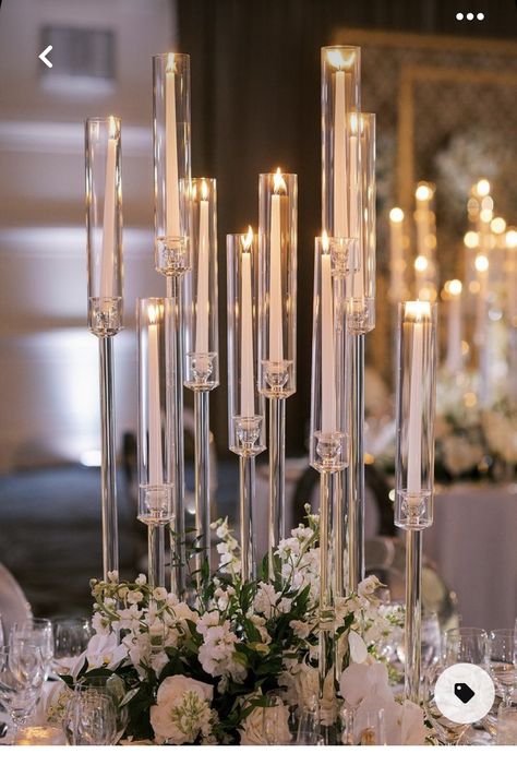 Candle Tower Centerpiece, Crystal Centrepiece Wedding, Tall Candleabra Wedding Centerpieces, Acrylic Candelabra Centerpiece, Wedding Candelabra Centerpiece, Candle Opera Centerpiece, Candleabras Wedding Centerpiece, Tall Candle Centerpieces Wedding, Candle And Flower Centerpieces