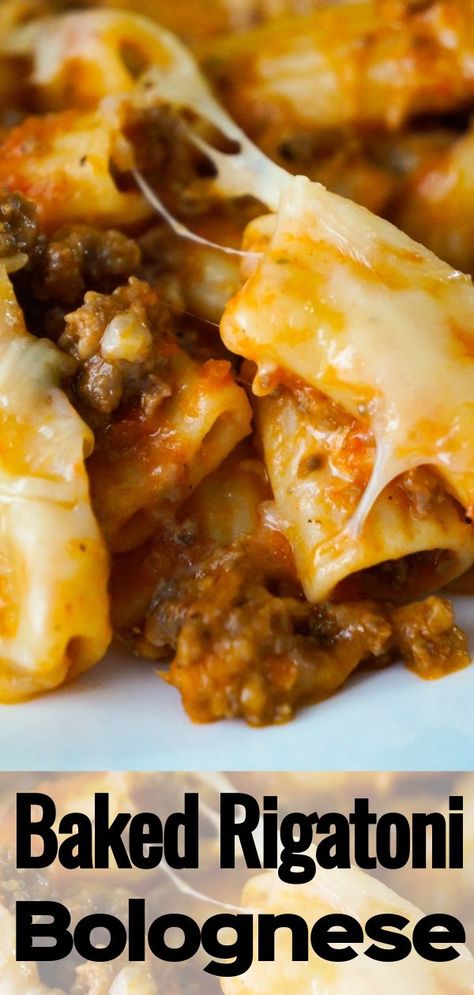 Baked Rotini Pasta Recipes Ground Beef, Rigatoni Bolognese, Vegetarian Italian Recipes, Pasta Casseroles, Pozole Recipe, Bolognese Pasta, Rigatoni Recipes, Beef Pasta Recipes, Baked Rigatoni