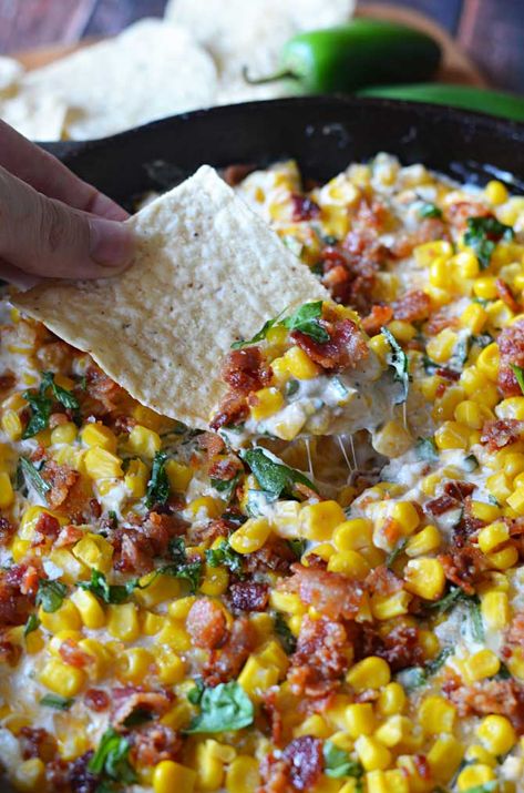 Cheesy Bacon Jalapeno Corn Dip. Jalapeno Corn Dip, Corn Dip Recipes, Stuffed Jalapenos With Bacon, Corn Dip, Party Dips, Cheesy Bacon, Party Appetizers, Think Food, Football Food