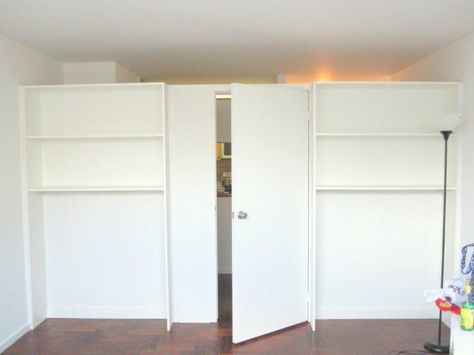 For years, renters have used temporary walls to subdivide apartments into affordable slices for roommates. But due to a fire-safety-related crackdown by the city, many management companies and landlords no longer permit walls that reach the ceiling. Enter the bookshelf wall, like those pictured above. They don't reach the ceiling--typically topping out about a foot below--so they are technically considered furniture. Temporary Walls, Kids Room Bookshelves, Room Divider Headboard, Small Room Divider, Temporary Room Dividers, Closet Ikea, Industri Modern, Bookshelf Wall, Metal Room Divider