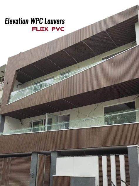 Elevation WPC Louvers Rafters for Exterior & Outdoor use Wpc Louvers Exterior Elevation, Residential Elevations, Pvc Louvers, Wpc Louvers, Garden Ceiling, Ceiling Bathroom, Spc Flooring, House Interior Design Styles, Kitchen Patio