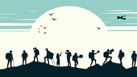 Silhouettes of tourists at the top of th... | Premium Vector #Freepik #vector #illustration #hikers #trekking #silhouete Mountain Vector Illustration, Mountain Vector, Top Of The Mountain, Mountain Top, At The Top, The Mountain, Premium Vector, Trekking, Graphic Resources