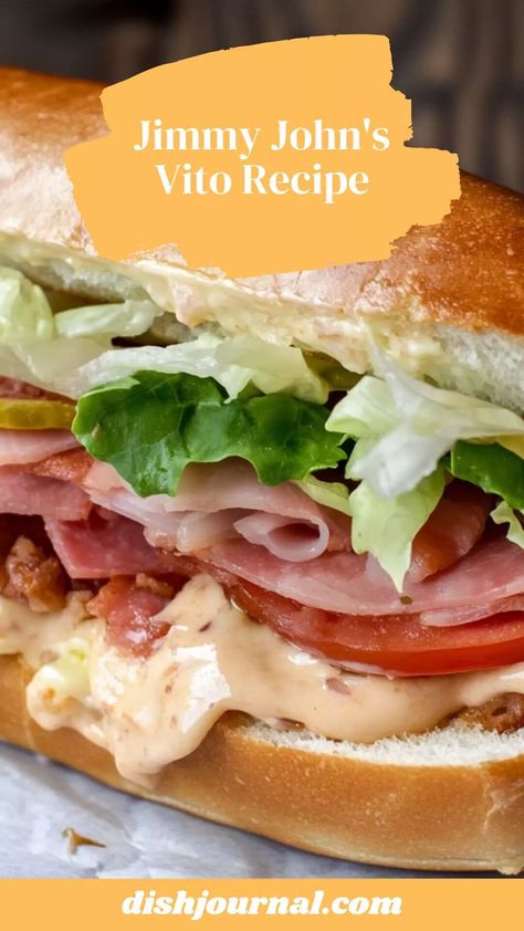 Jimmy John’s Vito Recipe – Dish Journal Jimmy Johns Italian Sub Recipe, Sub Rolls, Zesty Italian Dressing, Italian Sub, Jimmy Johns, Hearty Lunch, Italian Meats, Cheese Salad, Stuffed Banana Peppers