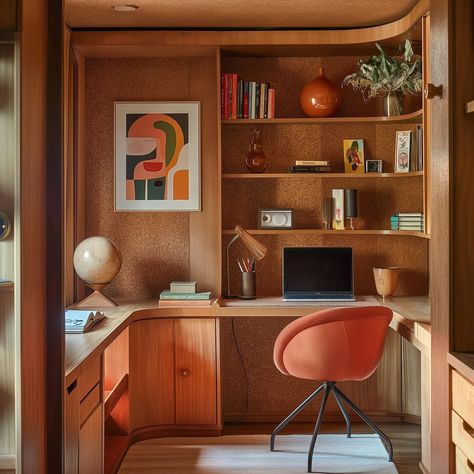 Study Room Mid Century, Home Office Inspiration Minimalist, Funky Office, Interior Design Fashion, Workspace Inspiration, Bangor, Modern Home Office, Mid Century Modern House, Living Room Inspo