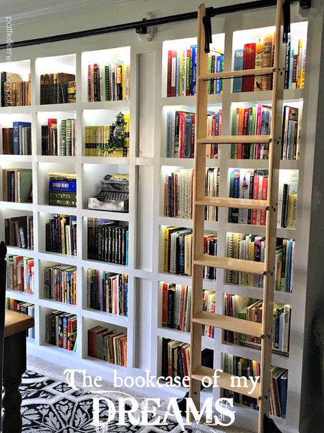 Home Library With Ladder, Nerd Shelf, Floor To Ceiling Bookcase, Bookcase Stairs, Bookcase With Ladder, Kitchen Ladder, Bookcase Ladder, Ladder Ideas, Floor To Ceiling Bookshelves