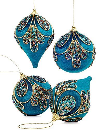 Like a peacock. This set of four embellished drop ornaments comes in a lush shade of blue with beading and glitter in a peacock pattern. Product Features  Styro Peacock Christmas Decorations, Peacock Christmas Tree, Blue Ornaments, Peacock Ornaments, Community Photos, Peacock Christmas, Photos Wall, Painted Christmas Ornaments, Beaded Christmas Ornaments