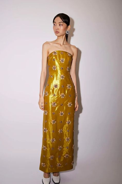 Wedding Guest Dress Vintage, Vintage Wedding Guest Dress, Yellow Wedding Guest Dress, Conceptual Style, Hand Embroidered Flower, Huishan Zhang, Strapless Bustier, Guest Attire, Taffeta Dress