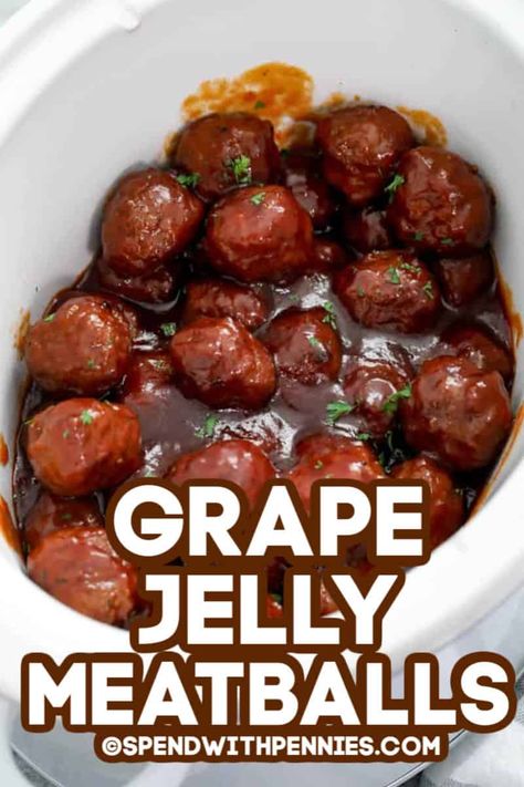 Crockpot grape jelly meatballs are a quick and easy appetizer made with just 3 simple ingredients. Whether making homemade meatballs from scratch or using frozen meatballs this appetizer is always a crowd favorite. #spendwithpennies #grapejellymeatballs #appetizer #crockpot #slowcooker #cocktailmeatballs #3ingredients Grape Meatballs, Crockpot Grape Jelly Meatballs, Jelly Meatballs Crockpot, Meatballs From Scratch, Bbq Grape Jelly Meatballs, Jelly Meatball Recipe, Grape Jelly Meatballs Recipe, Jelly Meatballs, Grape Jelly Meatballs