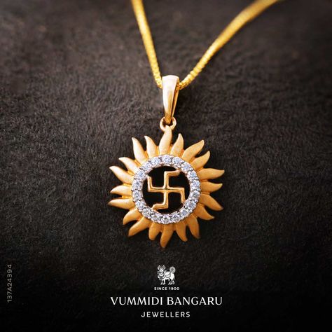 Encapsulating an essence of positivity, this graceful Swastik shaped pendant stands out with captivating diamond stones and matte finished gold. #Vummidibangaru #VBJMoments #Diamonds #Mattgold #Pendant #Jewellery #SouthIndianJewellery Swastik Pendant Designs, Swastik Gold Pendant, Mens Gold Chain With Pendant, Lockets For Man, Men Lockets Pendants, Gold Chain Lockets For Men, Mens Locket For Men Gold, Gold Lockets For Men, Unique Gold Pendant For Men