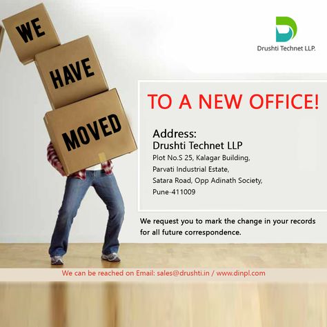 We are happy to announce that we have recently moved the office to a new location. Come and visit our new premises opposite Adinath society on Satara Road, Pune. #drushtitechnetllp Office Move Announcement, We Have Moved Announcement, Moving Announcement Postcard, Office Templates, Office Relocation, Ads Creative Advertising Ideas, Office Moving, Office Wall Decals, Advertising Ideas