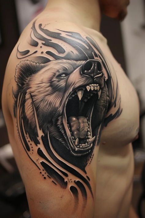 bear tattoo ideas 83 Spirit Bear Tattoo, Visionary Tattoo, Bear Tattoos For Men, Bear Tattoo Designs For Men, Bears Tattoo, Bear Claw Tattoo, Grizzly Bear Tattoos, Bear Tattoo Ideas, Polar Bear Tattoo