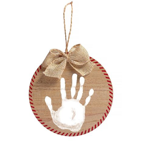 Baby Christmas Crafts, Handprint Ornaments, Rustic Christmas Ornaments, Baby Handprint, My First Christmas, Black Pen, Wooden Ornament, Holiday Baby, Burlap Ribbon