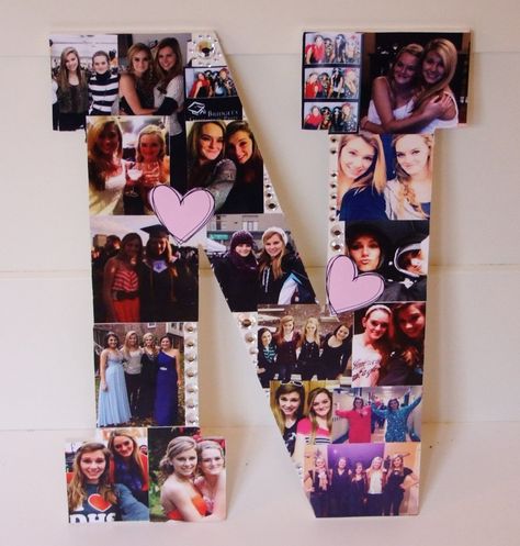 A picture collage in the shape of the first letter of the friends name Letters With Pictures On Them, Picture Collage For Best Friend Birthday, Handmade Collage Photo Gift Ideas, Letter Picture Collages, Initial Letter Decor, Friend Picture Collage Gift, Photo Collage Present, Best Friend Picture Collage Gift, Letter Photo Collage