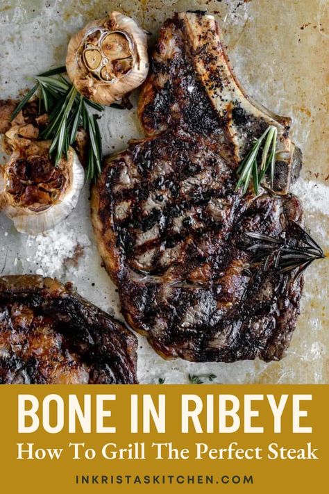 Indulge in the juiciest and most delicious Bone in Ribeye served with a roasted head of garlic with this ultimate steak recipe! This easy Ribeye Steak recipe offers a combination of flavor and tenderness. Find out how to grill the ribeye, roast the head of garlic, and other tips. Whether you prefer to grill or use a grilling pan you can have the perfect steak in the comfort of your own home. Don't miss out on the best recipe for a bone-in ribeye - you can find the full recipe on the blog! How To Cook Bone In Ribeye Steak, Bone In Ribeye Steak Grill, Bone In Ribeye Steak, Steak On Gas Grill, Beef Rib Steak, Ribeye Steak Recipe, Rib Eye Recipes, Ribeye Steak Recipes, Ribeye Roast