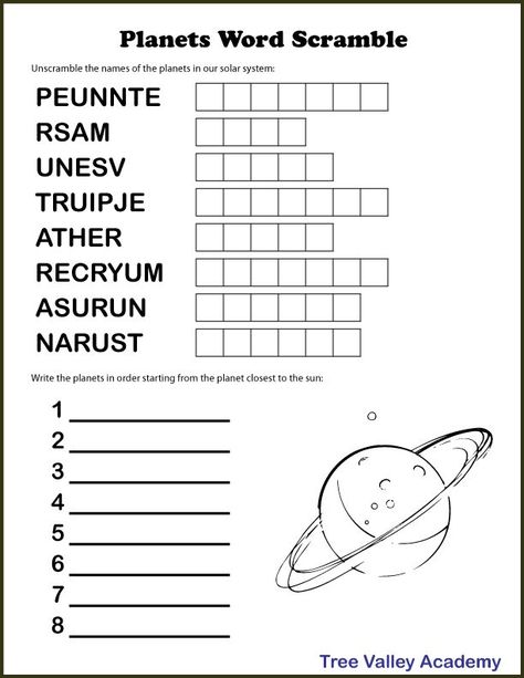 Free printable planets word scramble puzzle worksheet. Kids will need to unscramble the jumbled letters of the names of the 8 planets in our solar system. After they will write the planets in order starting from the planet closest to the sun. Pdf includes answers. Printable Planets, Third Grade Spelling Words, Solar System Games, Evs Worksheet, Planets Activities, Word Puzzles For Kids, Solar System Worksheets, Jumbled Words, Tata Surya