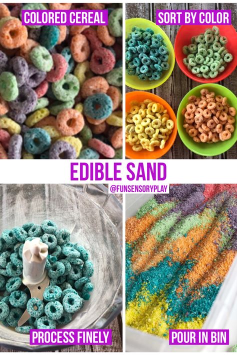 Edible Infant Activities, Fruit Loop Sand Art, Play Food Sensory Bin, Cereal Sensory Play, Cheerio Sand Sensory, Infant Edible Sensory, Eatable Sensory Play, Colorful Sensory Bin, Sensory Activities Toddlers Edible