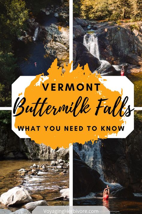 woman swimming in Buttermilk Falls in Ludlow Vermont. Text reads 'Vermont, Buttermilk Falls, What you Need to know" Fall Foliage Vermont, Travel Vermont, Ludlow Vermont, Vermont Fall Foliage, Vermont Travel, Montpelier Vermont, United States Road Trip, Vermont Vacation, Buttermilk Falls