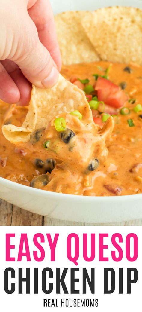 When you need an amazing dip to wow your guests and takes only minutes to make, Easy Chicken Queso Dip is the tasty, must-make answer! Easy Chicken Dips, Chicken Queso Dip, Queso Dip Velveeta, Velveeta Rotel, Chicken Queso, Chicken Nachos Recipe, Nacho Dip, Spicy Dip, Chicken Nachos