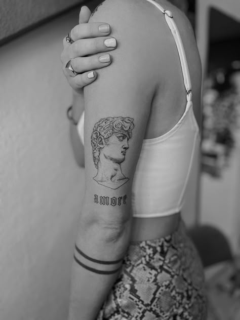 Statue Of David Tattoo Outline, Michelangelo Tattoo David, Michael Angelo David Tattoo, Michangelo Tattoo, David Tattoo Michelangelo, Roman Bust Tattoo, Michaelangelo Tattoos, Rome Inspired Tattoos, David Statue Tattoo