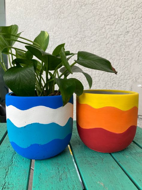 4 inch cement pot. Hand painted with acrylic paint Flower Pots Painting, Pots Painting, Patterned Concrete, Painted Plant Pot, Concrete Vase, Plant Pot Design, Home Backyard, Diy Pottery Painting, Flower Pot Art