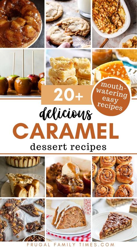 If you're looking for crowd pleasing baking - you can go wrong with caramel dessert recipes! There is so much to love about caramel treats. Here's you'll find a collection of easy caramel desserts to please your family and guests. No fail. Included are caramel recipes for: monkey bread, stuffed cookies, caramel apples, bars, candy, nut tart, cheesecake, pie, chocolate bark, dip and more! Recipes That Use Carmel Sauce, Christmas Carmel Desserts, Carmel Treat Recipes, What To Make With Caramel Squares, Desserts With Caramel Squares, Easy Caramel Dessert Recipes, What To Do With Caramel Sauce, Snacks With Caramel, Recipes Using Caramel Candy