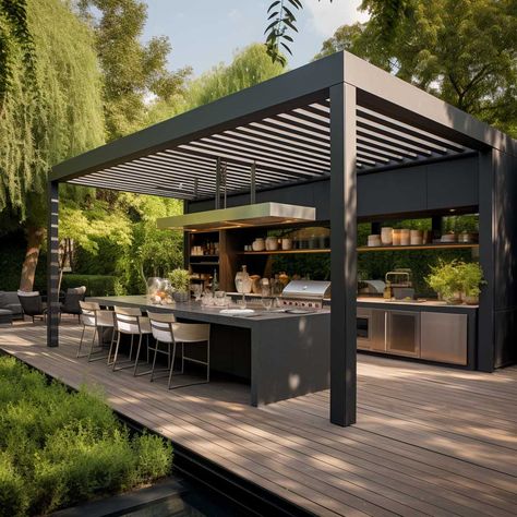 5+ Covered Outdoor Kitchen Ideas for Year-Round Entertaining • 333+ Images • [ArtFacade] Pergola For Outdoor Kitchen, Outdoor Kitchen Industrial, Outdoor Kitchen Roofing Ideas, Pergola With Kitchen, Outdoor Kitchen With Island, Outdoor Kitchen With Pool, Outdoor Patio Kitchen Ideas, Covered Grill Area, Pergola Kitchen