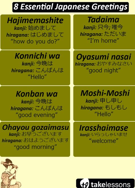 japanese greetings: ohayou gozaimasu, konnichi wa, moshi-moshi, and more. Greeting In Japanese, Japanese Common Phrases, How To Introduce Yourself In Japanese, Japanese Introduce Yourself, Greetings In Japanese, Common Japanese Words, Ohayou Gozaimasu, Japanese Greetings, Words In Different Languages