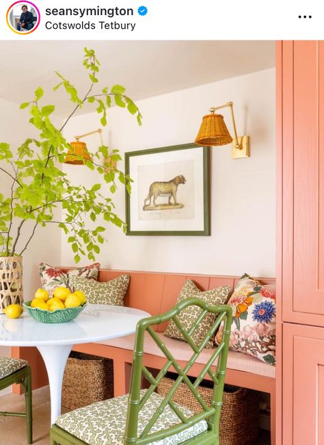 Bert And May Tiles, Maximalist Kitchen, Nashville House, Feminine Room, Cotswold Cottage, Uk House, Built In Banquette, Pretty Cottage, Room Bench