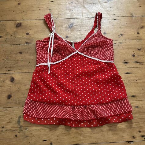 Red and white polka dot tank top with white lace... - Depop Polka Dot Tank Top, Bow Detail, White Polka Dot, White Lace, Lace Trim, Size 16, Polka Dot, Red And White, Polka Dots