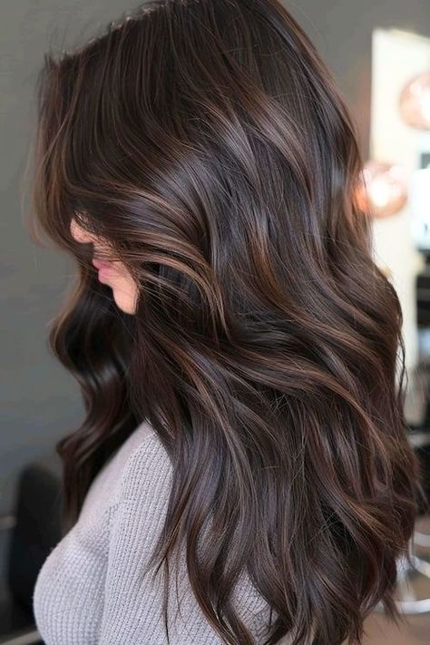 Dark Hair Makeover, Long Haircuts For Brunettes, Soft Chocolate Hair Color, Natural Balayage Dark Hair, Brunet Hair With Low Lights, Chocolate Espresso Hair Color, Toning Hair Darker, Long Dark Brown Hair With Lowlights, Latte Highlights On Dark Hair