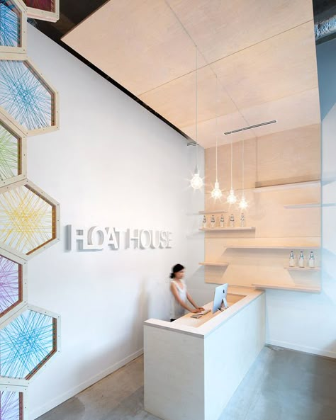 Wellness Center Reception Area, Fitness Reception, Logo Reception, Float House, Exhibition Title, Float Room, Simple Reception, Reception Desk Design, Wall Pattern