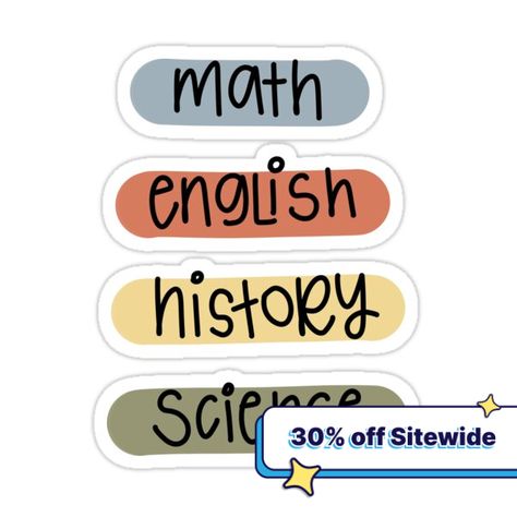 Decorate laptops, Hydro Flasks, cars and more with removable kiss-cut, vinyl decal stickers. Glossy, matte, and transparent options in various sizes. Super durable and water-resistant. cute sticker pack (4) of school subject stickers/labels! BubbleMail/email me any custom requests! :) School Subject Labels Aesthetic, School Subject Stickers, School Subject Labels, Labels Aesthetic, Subject Stickers, Subject Labels, English History, Popular Books, School Subjects