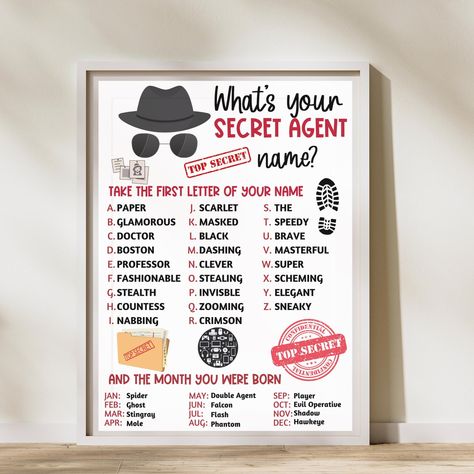 Ignite excitement with "Secret Agent Badges," essential for every aspiring spy. Create your undercover identity with the "Secret Agent Name Generator." Perfect for a thrilling "Spy Birthday Party," this kit includes a "Detective Party Game" to challenge guests. Add mystery to your Secret Agent Escape Room Game, designed for interactive fun. Transform your space with this Spy Party Decor sign to immerse everyone in a world of espionage and intrigue.  ✏️ WHAT YOU WILL RECEIVE --------------------- Detective Party Games, Secret Agent Decorations, Spy Poster Design, Kids Spy Party, Detective Party Decorations, Spy Party Ideas, Spy Party Decorations, Detective Theme Party, Mystery Decorations