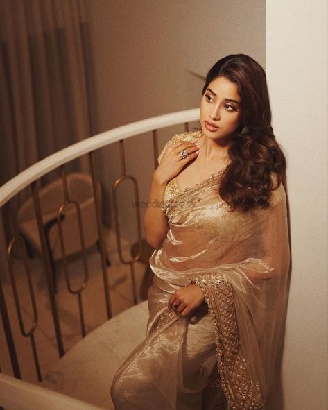 Janhvi Kapoor's Best Looks That All Brides Can Take Inspiration From For Their Pre-Wedding Functions! | WeddingBazaar Shimmer Blouse, Golden Saree, Western Gown, Movie Edits, Janhvi Kapoor, Tissue Saree, Embellished Blouse, Wedding Function, Saree Look