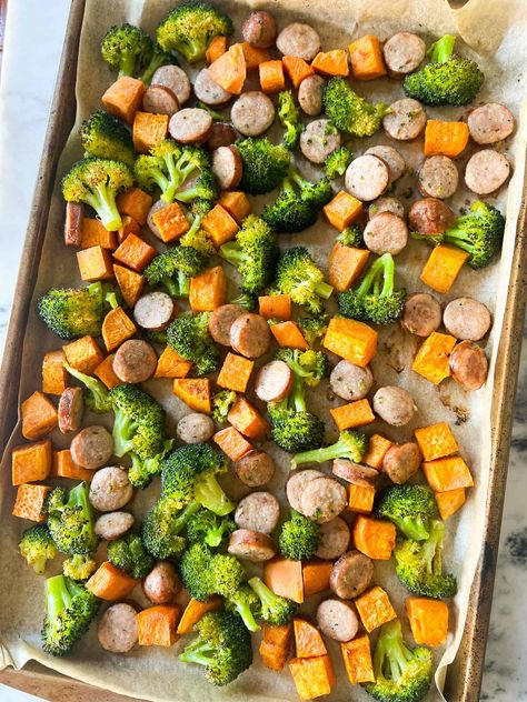 Kielbasa Sweet Potato Sheet Pan, Sweet Potato Broccoli Sausage, Lunch Ideas With Sweet Potatoes, Sheet Pan Sweet Potatoes And Sausage, Sheet Pan Dinners With Sweet Potato, Sausage Broccoli Sweet Potato Sheet Pan, Sausage And Sweet Potato Sheet Pan, Smoked Sausage Sweet Potato Sheet Pan, Sheet Pan Sausage And Sweet Potatoes