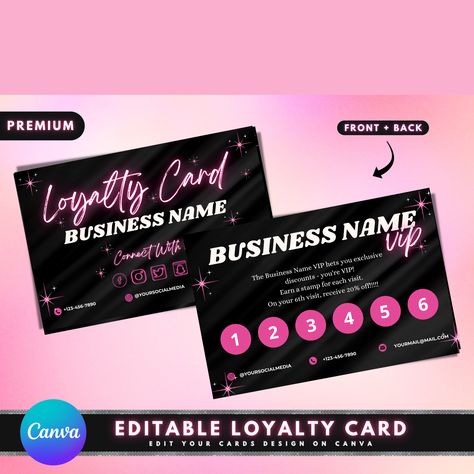 with this premium template! EDIT YOUR LOYALTY CARDS on CANVA on your PC or mobile device. Canva is a FREE web-based design platform that is super simple, easy to use, and FUN Loyalty Card Design, Hair Business Cards, Loyalty Cards, Business Hairstyles, Loyalty Card, Marca Personal, Business Person, Business Card Template, Mobile Device