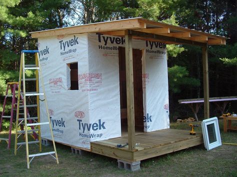 Tiny Bunkhouse in the Woods Micro Cabin Diy, Shed Bunkhouse Ideas, Tiny Bunk House, Home Depot Shed House Interior Ideas, Bunkie Ideas 10x10, Bunk House Shed, Home Depot Shed House Interior, Bunkie Interior, Bunkhouse Ideas Guest Cabin