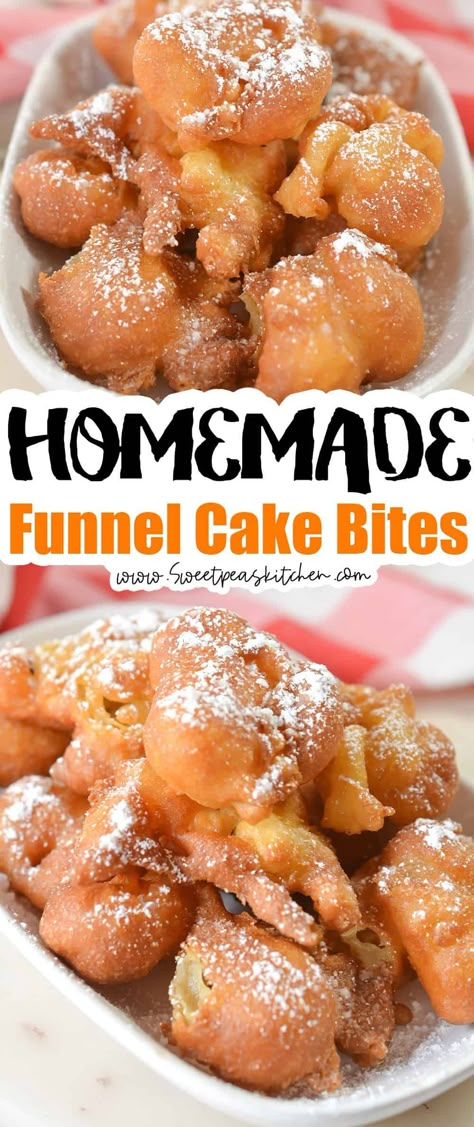 Strawberry Shortcake Funnel Cake, Mini Funnel Cake Bites, Funnel Cake Flavor Ideas, Funnel Cake Bites Air Fryer, Funnel Cake Balls, Funnel Cake Bites Easy, Easy Funnel Cake Bites, Dairy Free Funnel Cake Recipe, Homemade Funnel Cake Recipe Easy